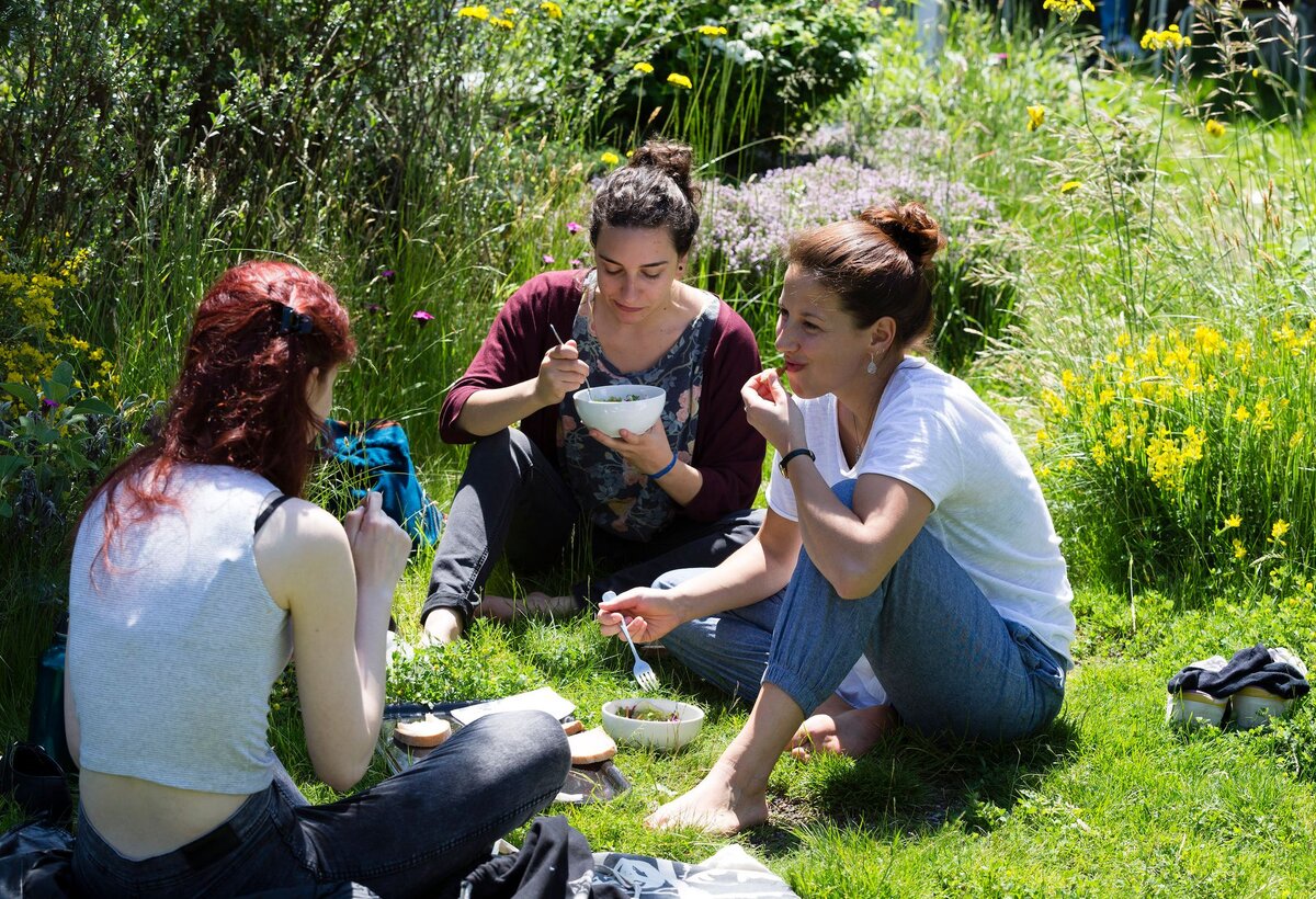 Menschen sitzen im Gras in einem Kreis und essen. | © FHV